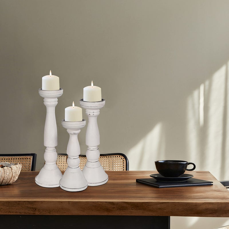 Light & Pro Set of 3 White Antique Farmhouse Wood Pillar Candle Holders - Tall Rustic Candle Holders for Home Decor, Centerpieces, and Weddings, Heights: 16", 14", 12" - Image 5